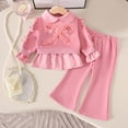 thumbnail image 2 of Likimi Toddler Girls Two Piece Set Solid Color Long Sleeve Crew Neck Shirt With Bow Long Pants Fashion Comfort Outfits Set Size 9-12 Months Pink, 2 of 6
