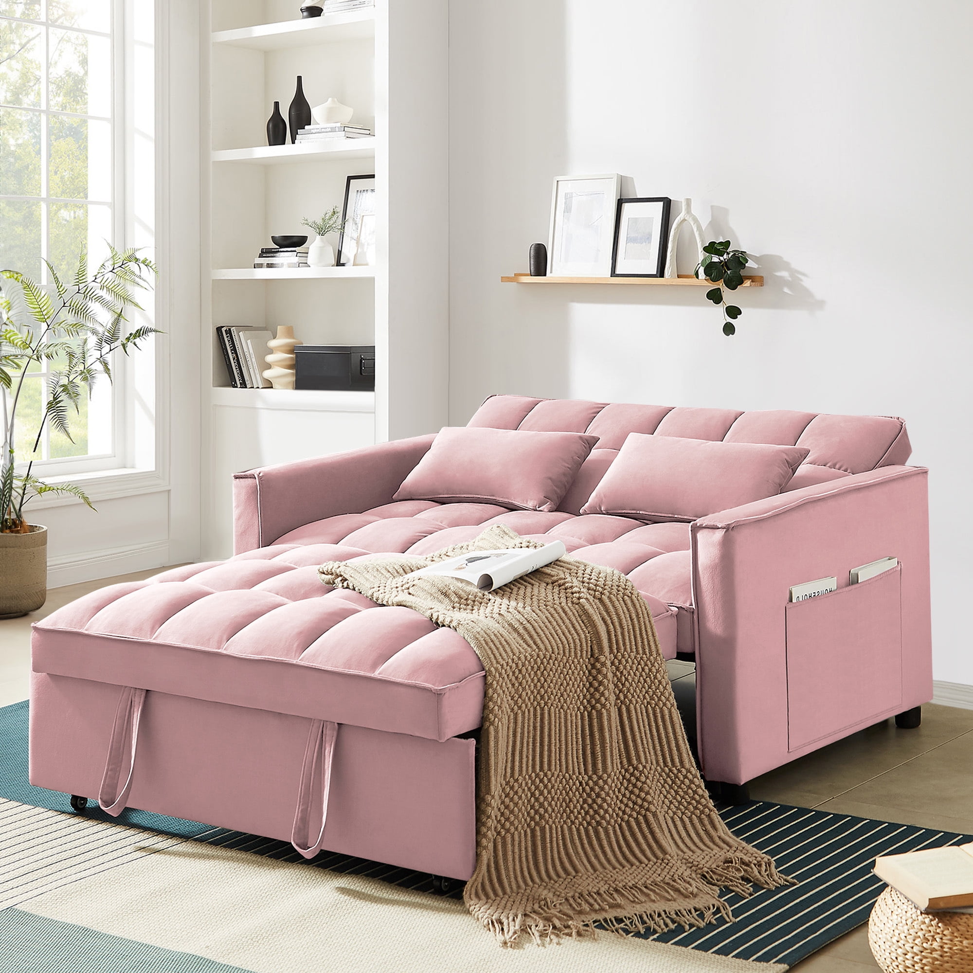 Lunale 4-in-1 Convertible Futon Sofa Bed, Pull Out Couch Beds Loveseat Sleeper, Pink Velvet