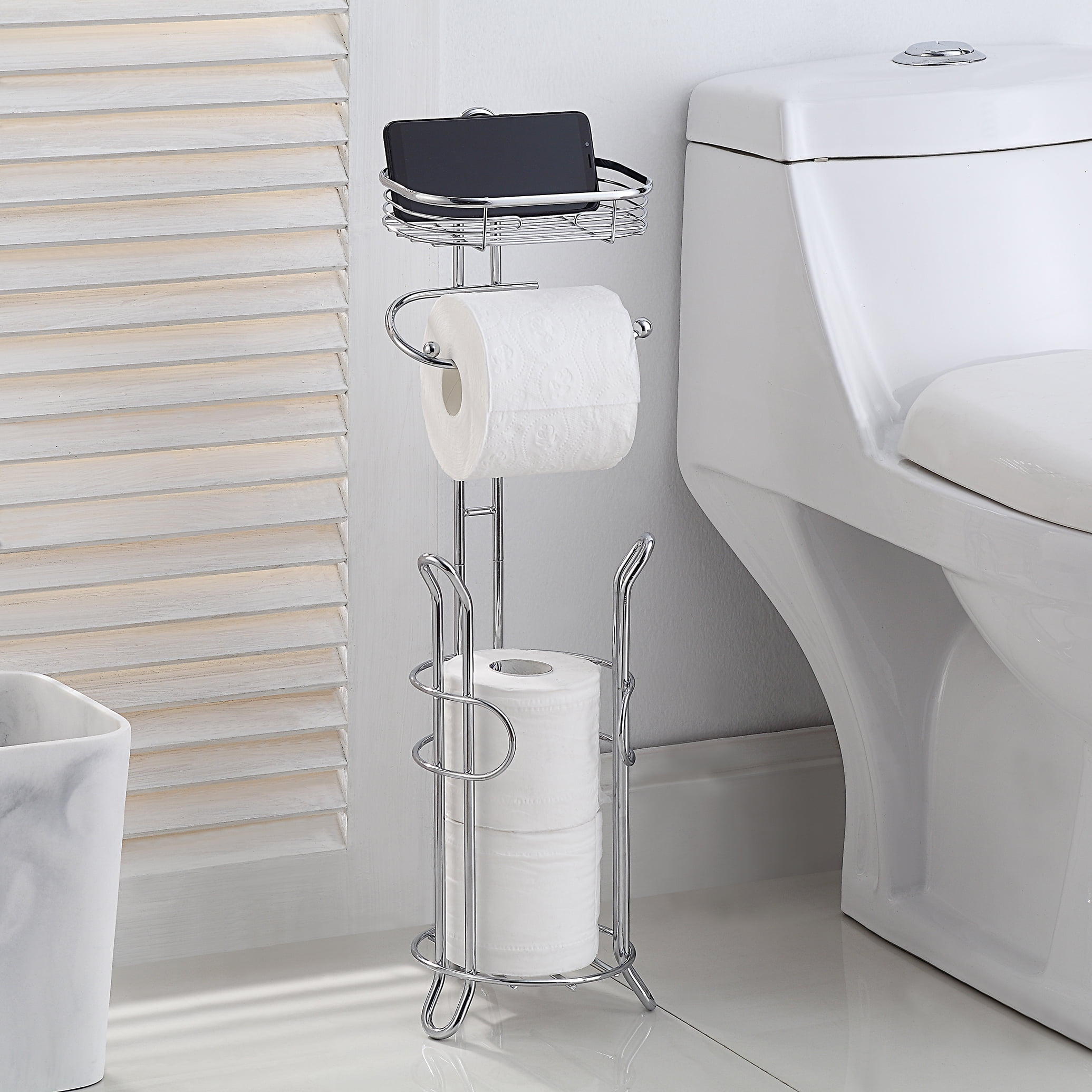 SunnyPoint Bathroom Toilet Tissue Paper Roll Storage Holder with Reserve and Shelve; Chrome