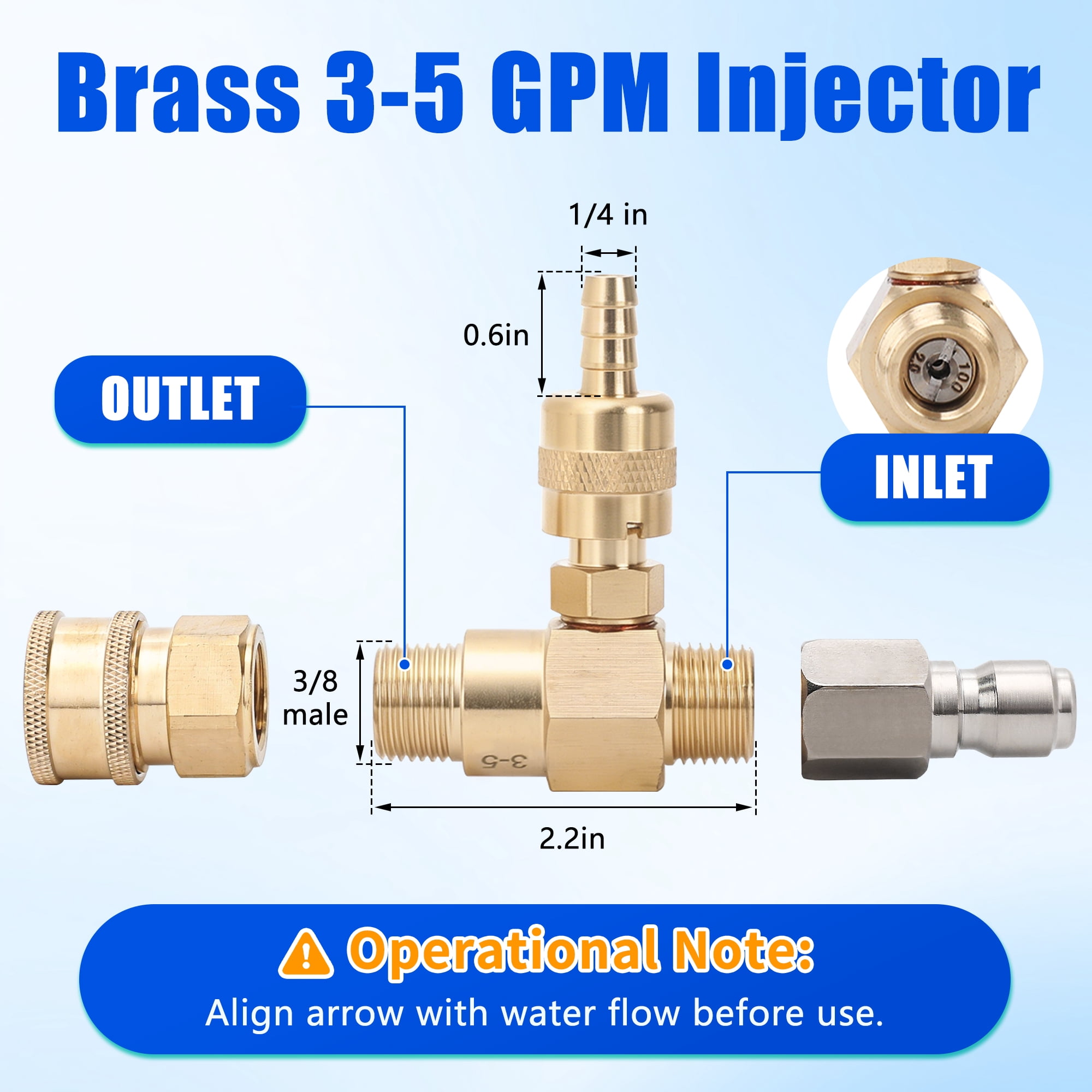 Downstream Chemical Injector Kit for Pressure Washer, Fixed Soap Injector with 3/8" Quick Connect, 3–5 GPM Flow Rate