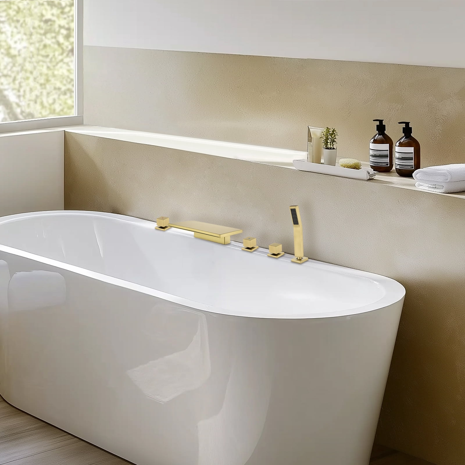Cobbe Bathroom Faucet Set with Handheld Sprayer and 10.24-Inch Wide Waterfall Spout 5-Hole Mount Bathtub Faucet Brushed Gold