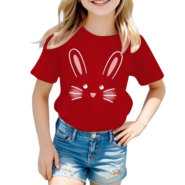 Bmisegm T-Shirts de Pâques pour Enfants Été T-Shirt à Manches Courtes avec Imprimé Lapin de Pâques pour Garçons et Filles T-Shirts Rouges 3-4 Ans