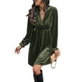 thumbnail image 3 of Women Elegant Retro Short Loose V-Neck Long Sleeve Velvet Solid Color Dress Fall Winter Fashion Clothing Army Green L, 3 of 9
