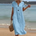 thumbnail image 4 of Women's Cotton Linen Midi Dress Casual Solid Short Sleeve V Neck Button Button Loose Summer Tshirt Dresses Beach Vacation Sundress, 4 of 7