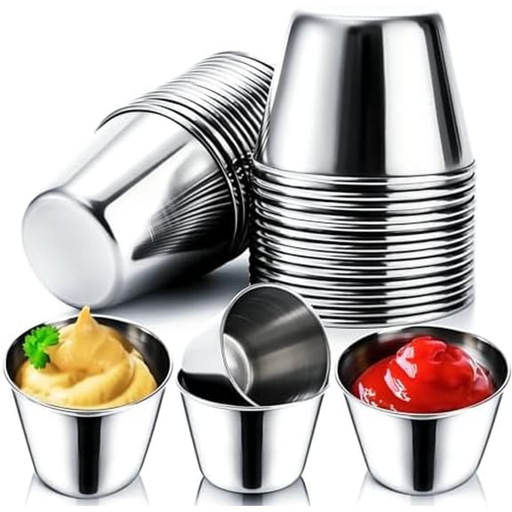 30 Pack Metal Sauce Cups, 2.5 OZ & 1.5 OZ Stainless Steel Ramekin Condiment Dishes, Reusable Dipping Sauce Cup, Small Individual Portion Cups, Commercial Grade Sushi Dipping Bowl Appetizer Plates