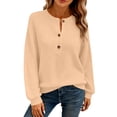 thumbnail image 6 of Craaazy Women's Long Sleeve Waffle Knit Top Solid Color Crewneck Pullover Loose Fit Button Detail Casual Comfort Shirt Gifts, 6 of 9