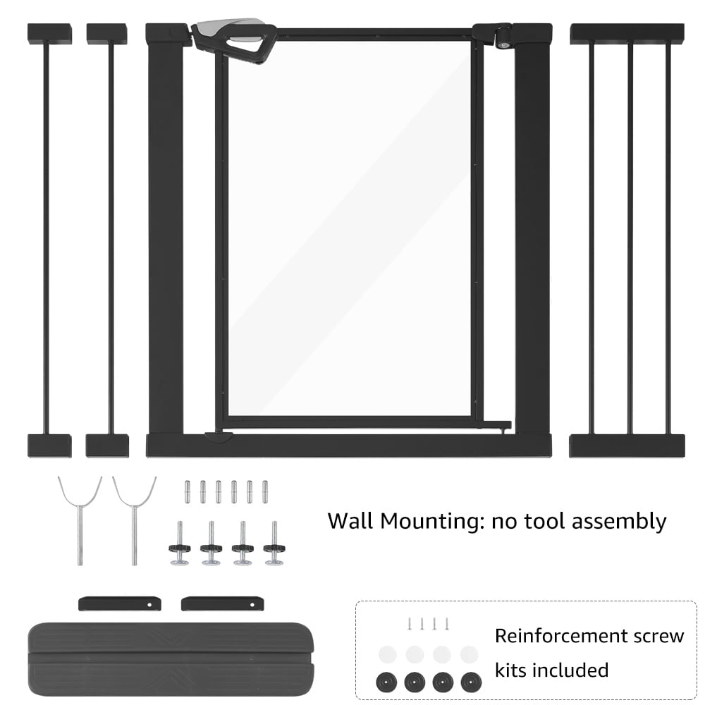 unipaws Clear Dog Gate for Doorway Stairs, One-Hand Opening Pet Gate, 29"-43" Pressure Mounted, Indoor/Outdoor Use, Black
