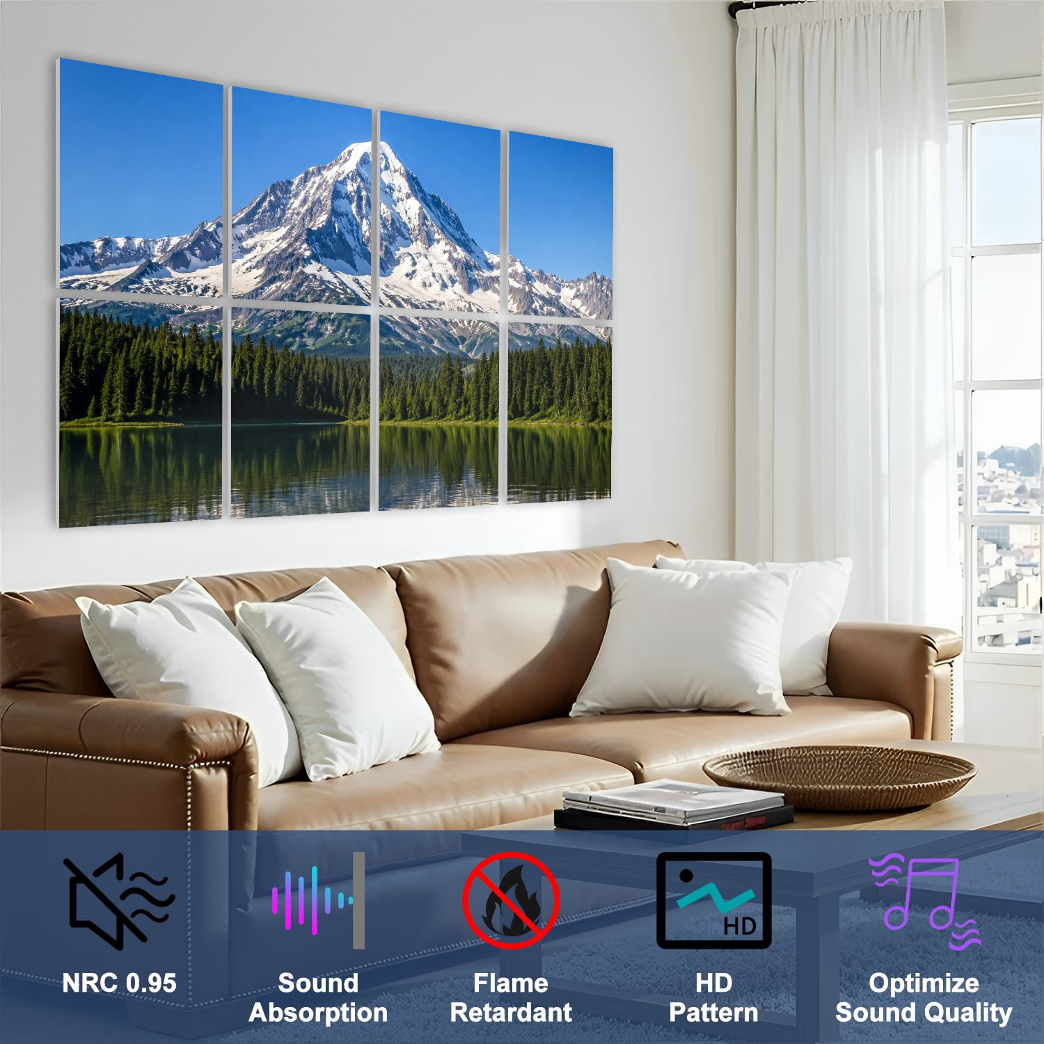 8 Pack Art Acoustic Panels Sound Absorbing Mt Rainier black white Decorative Soundproof Wall Panels Self Adhesive for Nursery Game Room Bedroom 48"x32"