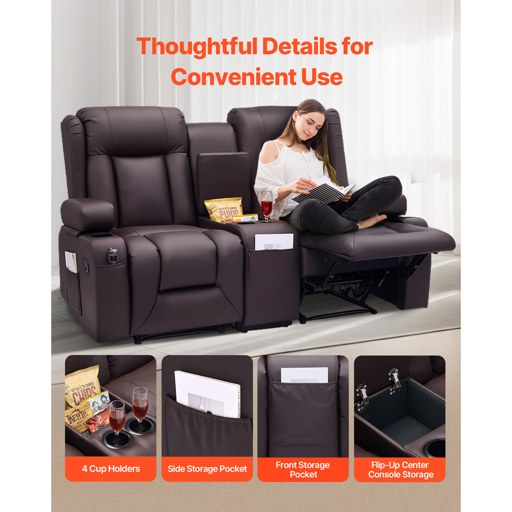 KFFKFF Manual Reclining Loveseat Sofa with Center Console, Faux Leather Upholstery, USB Ports, Cup Holders, and Storage Pockets, Dual Recliner Chair for Living Room or RV, Brown