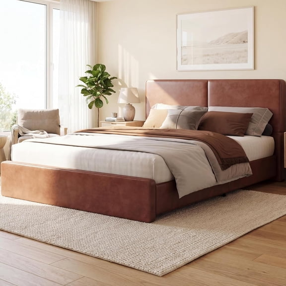 Queen Size Upholstered Bed Frame,Platform Bed with Headboard, No Box Spring Needed, Heavy Duty 900 Lbs Capacity, Noise Free Easy Assembly, Brown