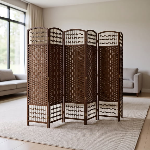 Yardi Yarda 6 Panel Folding Room Divider, Portable Privacy Screen Wave Fiber Room Partition for Indoor, Brown