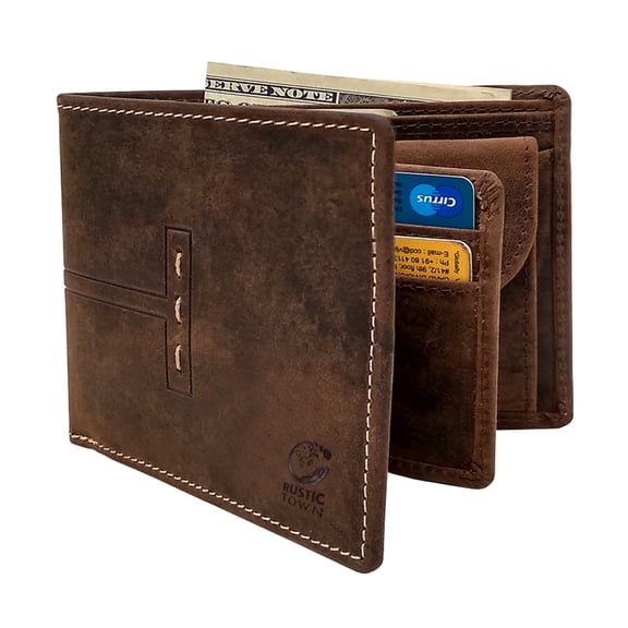 Leather Wallet for Men, Credit ID Cards Money Holder RFID Blocking Bi-Fold Vintage Wallet with Gift Box by Rustic Town, Brown