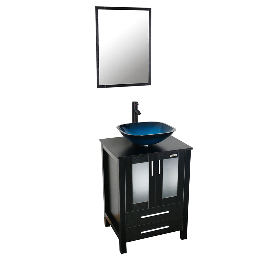24" Bathroom Vanity Modern W/Tempered Glass Vessel Sink Cabinet Set Top MDF 