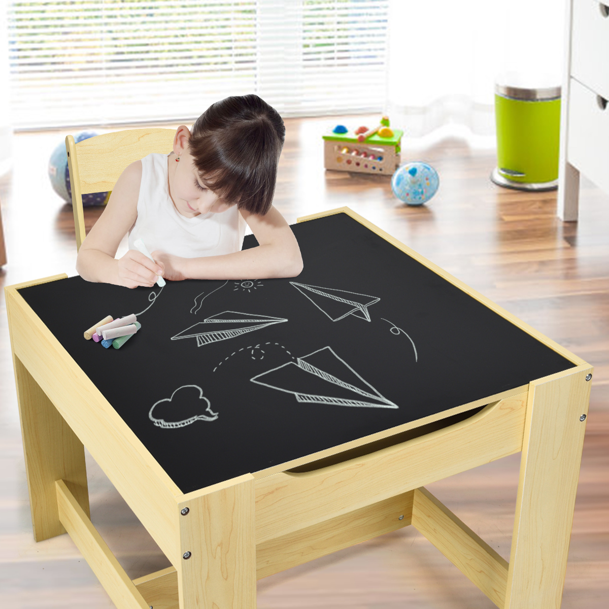 Costway Kids Table Chairs Set With Storage Boxes Blackboard Whiteboard Drawing Nature - image 2 of 10
