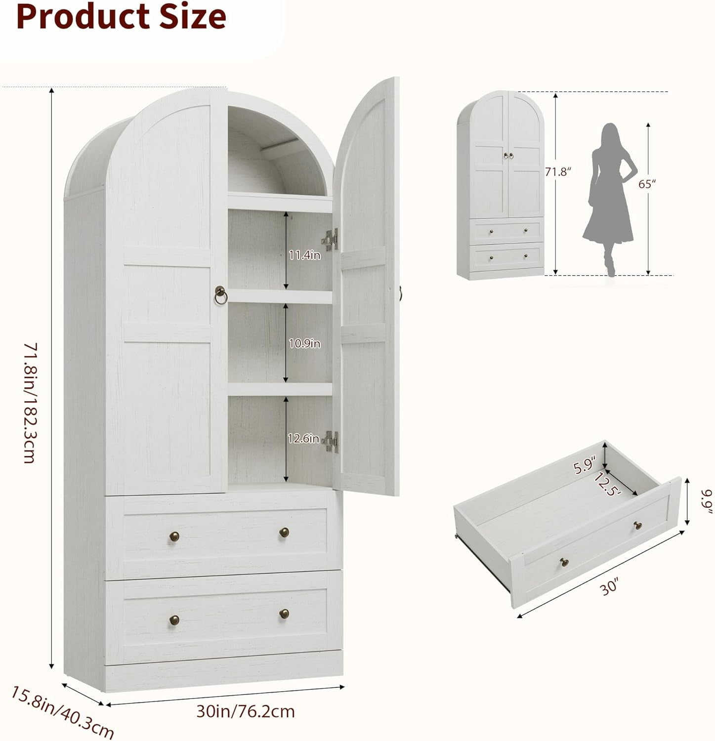 71" Tall Arched Bookcase Cabinet, Wood Arched Bookshelf with Doors & Drawers, Large Arch Display Bookcase Cabinet with Storage, Farmhouse Storage Cabinet for Office Living Room