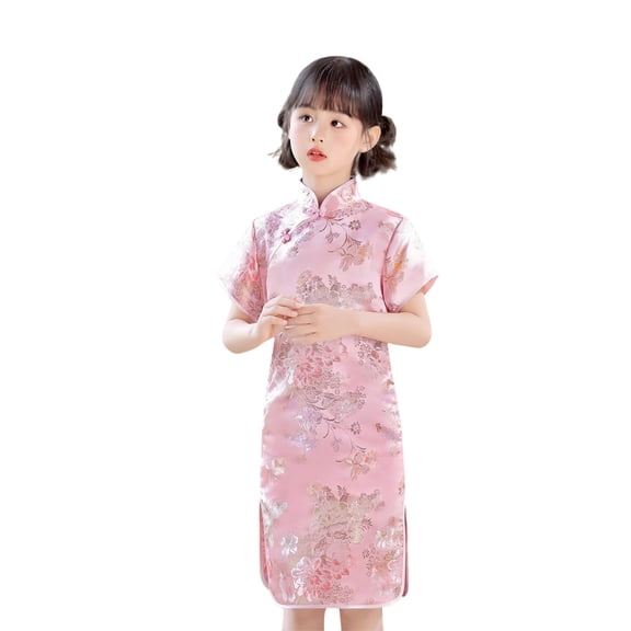 WAYUTE Dresses for Girls Stand Collar Floral Emborider Short Sleeve Shiny Qipao Dress Summer Cheongsam for Toddler Baby Kids Party Themed Events,Pink