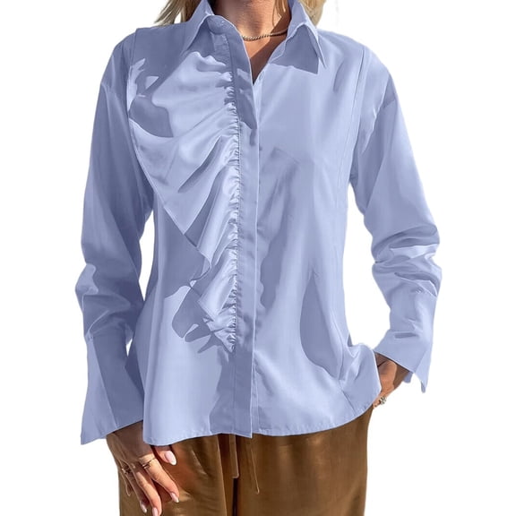 Womens Office Ruffle Blouse Work Shirt with Collar Elegant Tops Fashion Button Down for Women Blue L