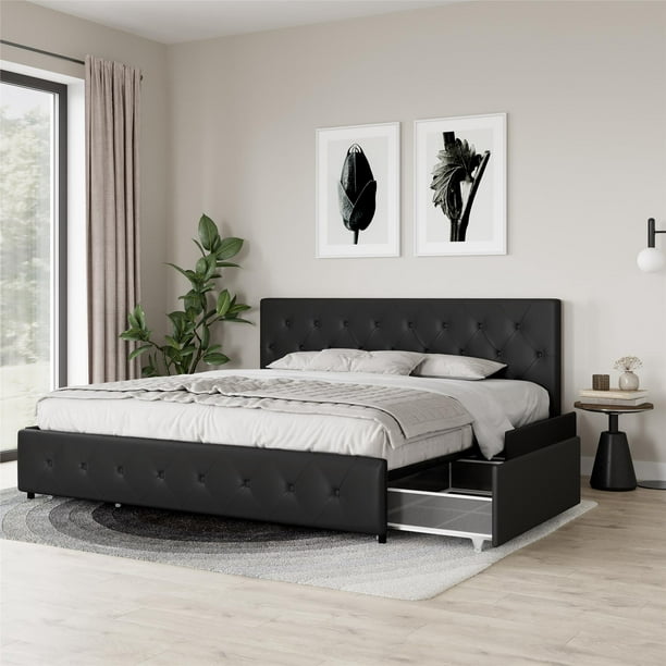 Street Designs Dean Upholstered Bed, Faux Leather King Size Bed With Drawers
