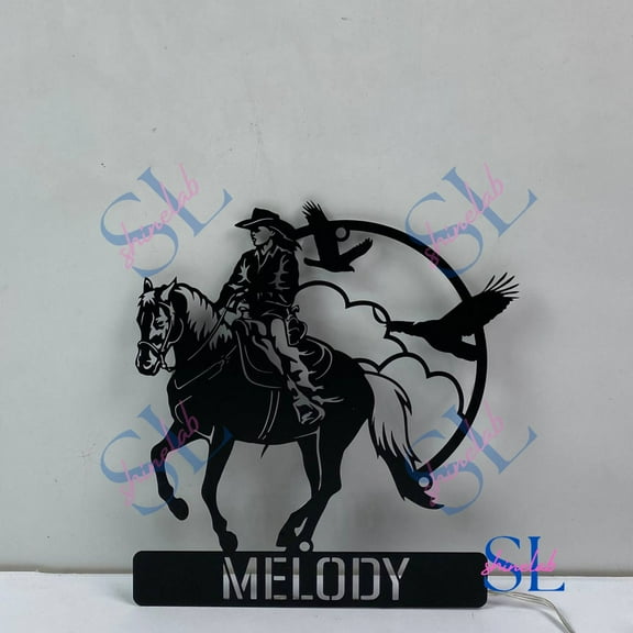 Shinelab Cowgirl Metal Wall Art LED Light, Cowgirl Riding Horse Name Sign Home Decor, Western Metal Sign, Country Living Decor, Cowboy Metal Sign 3990