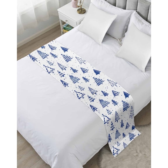 Bed Runner Scarf Twin Size, Christmas Tree Stain Bed Runners & Scarves for Foot of Beds, Xmas Blue Cartoon Tree Snowflakes Rustic Decorative Bedding Runner Scarf for Hotel Home Bedroom