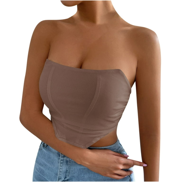RQYYD Clearance Mesh Corset Crop Top Bustier Underbust Boned Backless  Sleeveless Strapless Tube Tops Off Shoulder Aesthetic for Women Y2K(Brown,S)