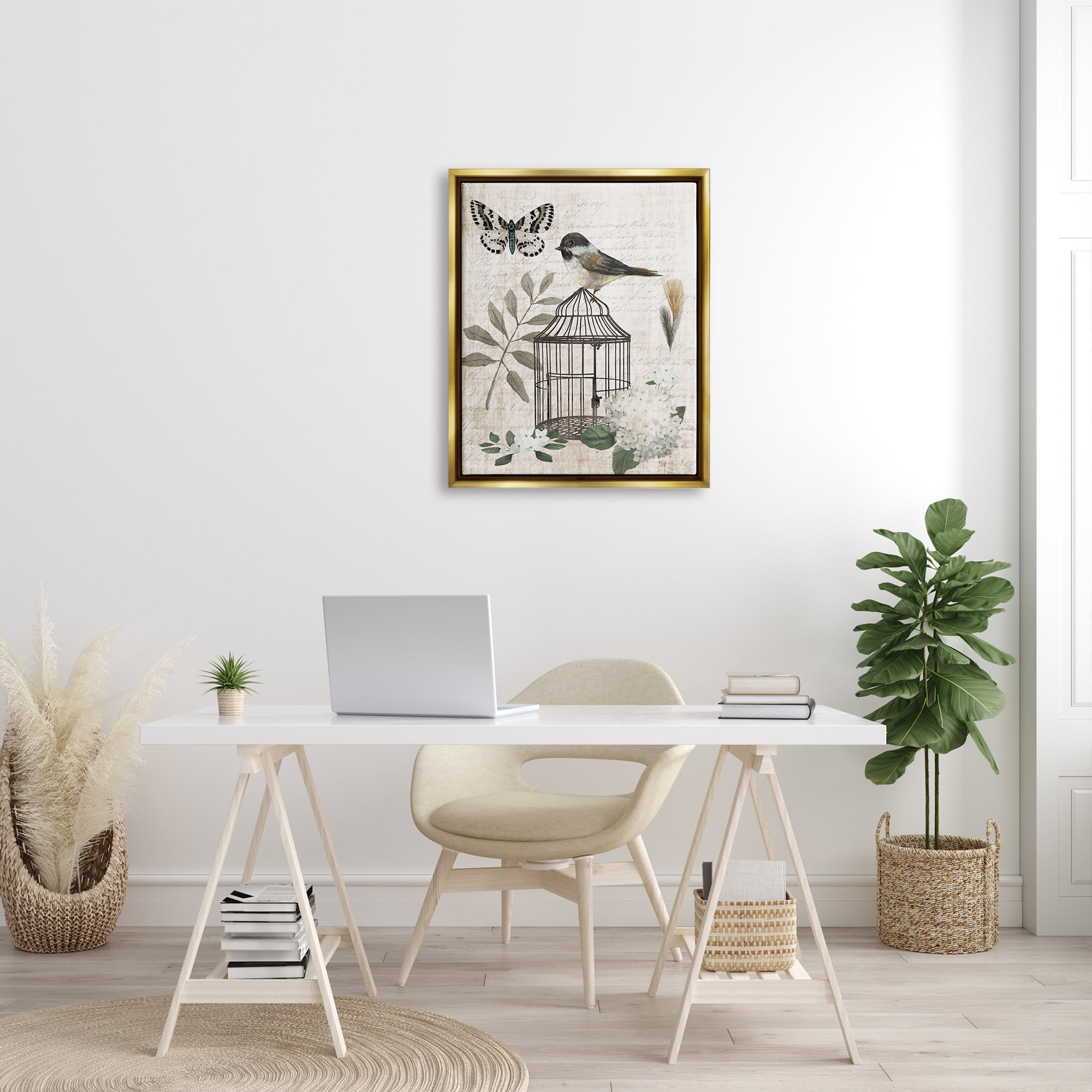 Stupell Industries Botanical Bird Cage Vintage Words Butterfly Motif Graphic Art Metallic Gold Floating Framed Canvas Print Wall Art, Design by Nan