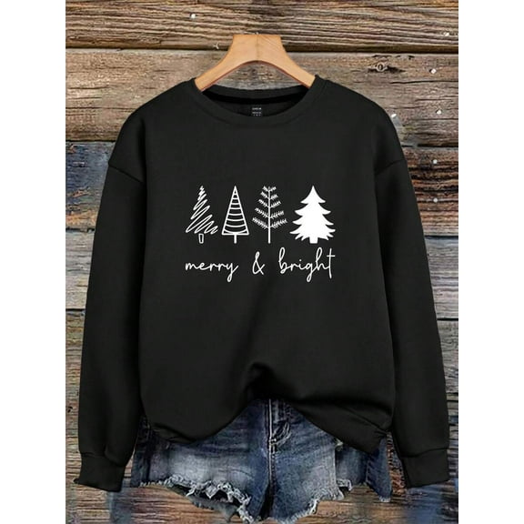 Women's Merry & Bright Christmas Trees Print Sweatshirt,Long Sleeve Tops