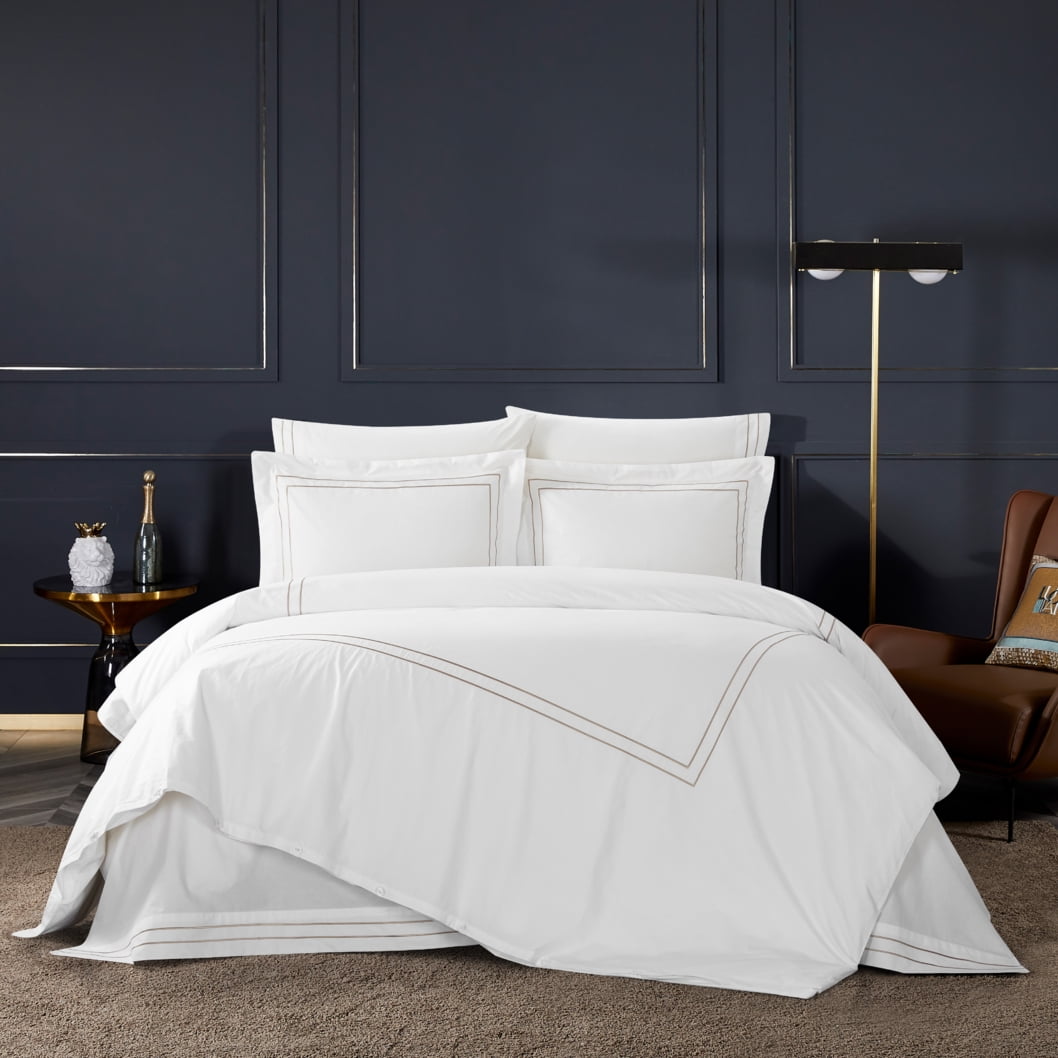 Alfrey 3 Piece Organic Cotton Duvet Cover Set Solid White With Dual Stripe Embroidered Border Hotel Collection Bedding