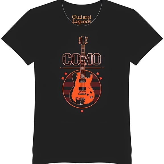Black T-Shirt with Bold 'COMO' Graphic & Stars Guitarist Legends Design