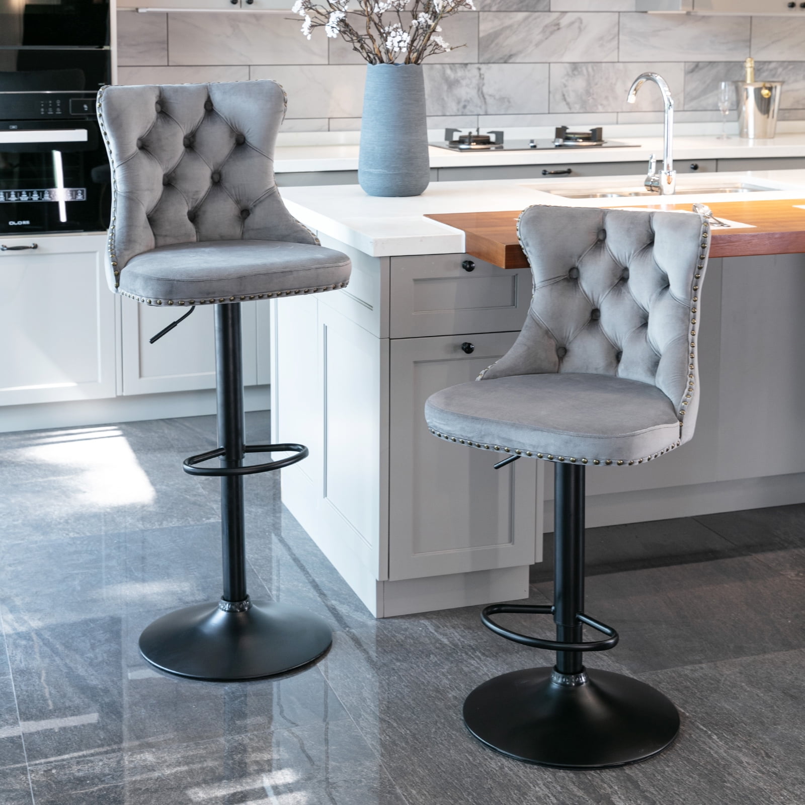 ODUSE-DAILY Gray Velvet Bar Stools Set of 2 - Adjustable Swivel Counter Height Chairs with Tufted Back and Nailhead Trim for Kitchen Island Pub Restaurant (2Pcs, Black Metal, Grey)