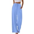 thumbnail image 6 of HKYNLAG Women Linen Pants Summer Casual Loose Wide Leg Palazzo Pants Drawstring High Waist Flowy Beach Trousers with Pockets Light Blue XL, 6 of 7