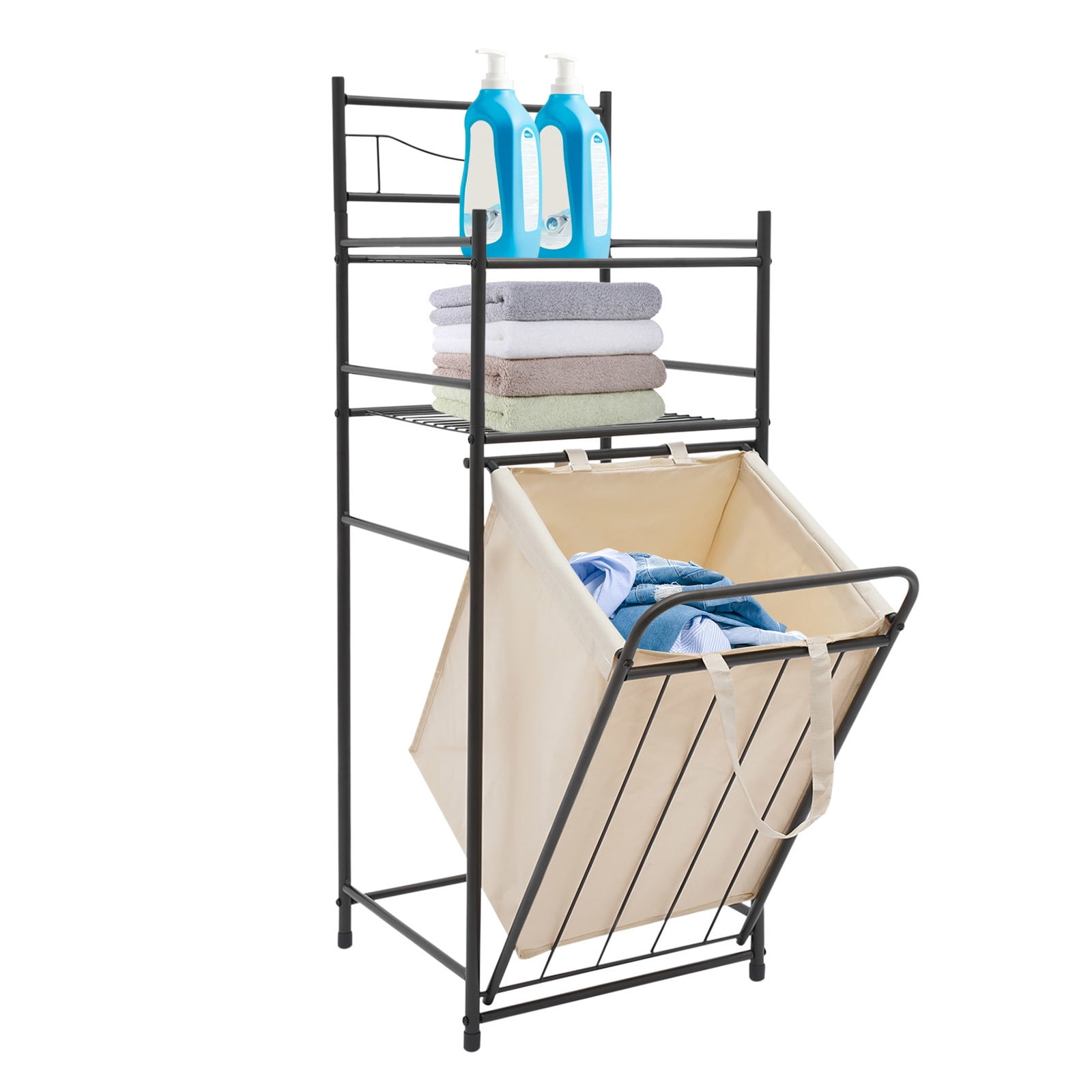15.2*14*41.5in Tilt Out Laundry Hamper, Utility Laundry Basket with 2 Tier Storage Shelf and Removable Bag Metal Dirty Clothes Storage Shelf for Bathrooms Dorms Bedrooms
