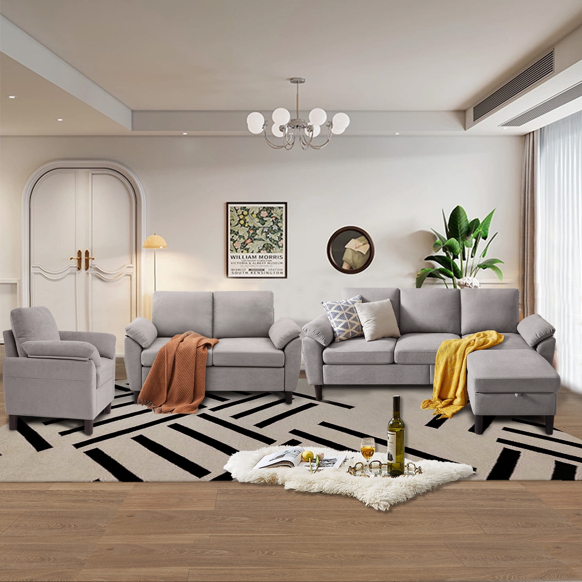 Jarenie Chireca 4 Piece Convertible Sectional Sofa Set, Modern Linen Small L Shaped Couch with Reversible Chaise, 3-Seater Sofa & Loveseat & Armchair for Living Room, Office, Apartment, Lightgrey