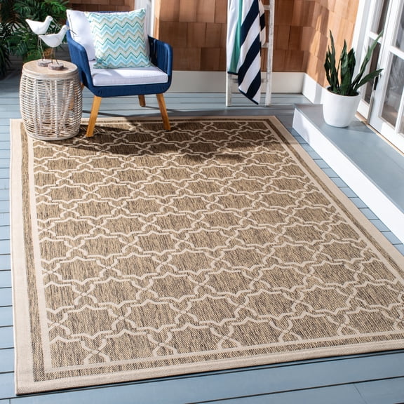 SAFAVIEH Courtyard Allison Geometric Bordered Indoor/Outdoor Area Rug, 8' x 11', Brown/Bone