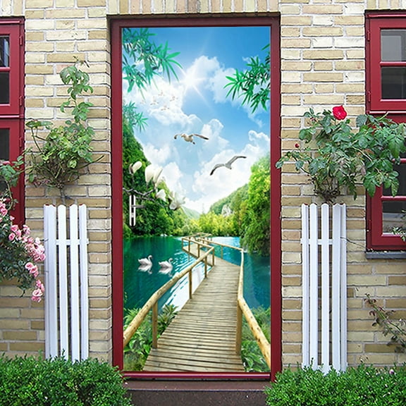 3D Door Stickers for Interior Doors Wooden Bridge Over Lake Birds Flying in Blue Sky Nature Scenery Vinyl Waterproof Self Adhesive Door Mural Decals for Bedroom Office Bathroom