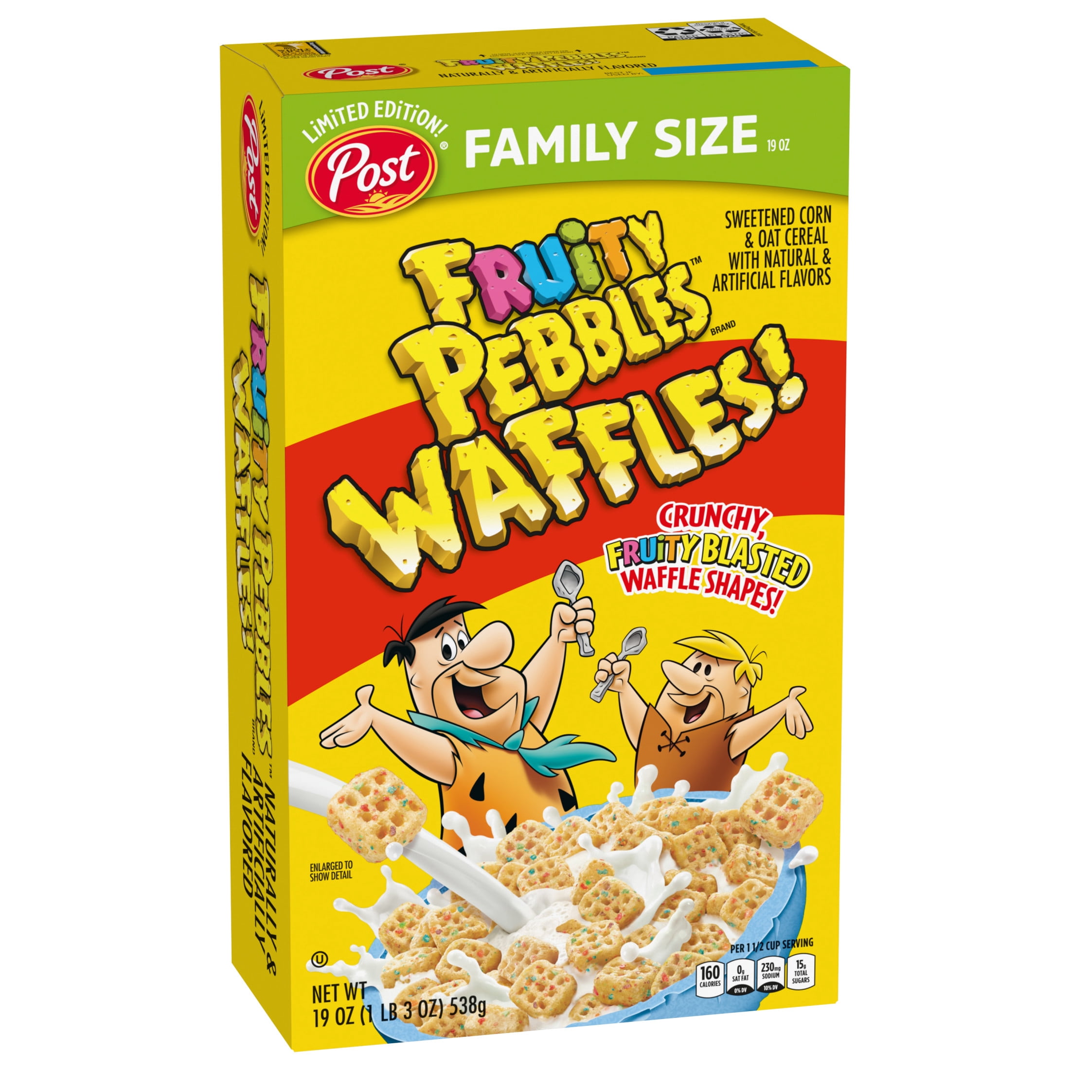 Post Fruity PEBBLES Waffles Cereal, Fruity Cereal, Crunchy, 19 oz Box