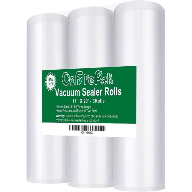 O2FREPK Lot de 3 Rouleaux de Sacs pour Scelleuse sous Vide 11"x20 Pieds avec Sans BPA, Sacs de Rangement Robustes pour Scelleuse sous Vide, Rouleaux à Découper, Idéal pour sous Vide (Total 60 Pieds)