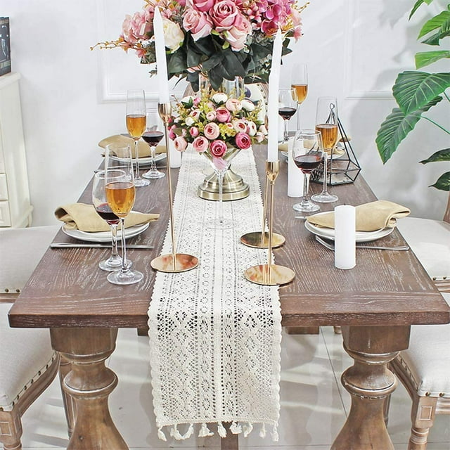 Camino de mesa de macramé beige Encaje de ganchillo rectangular Elegante mantel de malla hueca para decoración de boda rústica Boho Decoración de novia y baby shower Decoración de mesa de granja vinta Namotu MZQ-0269