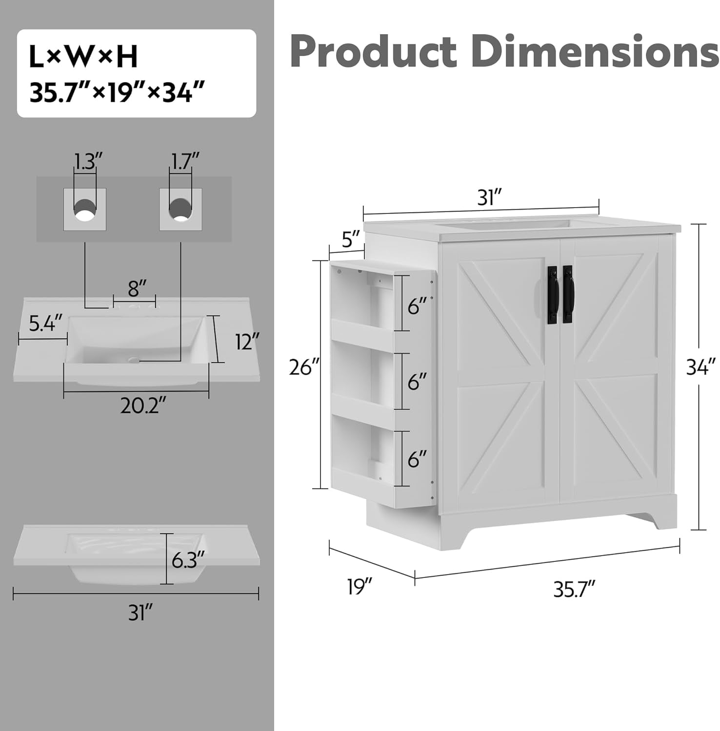 LAZZO 31" Bathroom Vanity with Ceramic Sink, Farmhouse Bathroom Vanities with Storage Cabinet and 3 Extra Side Shelves, White