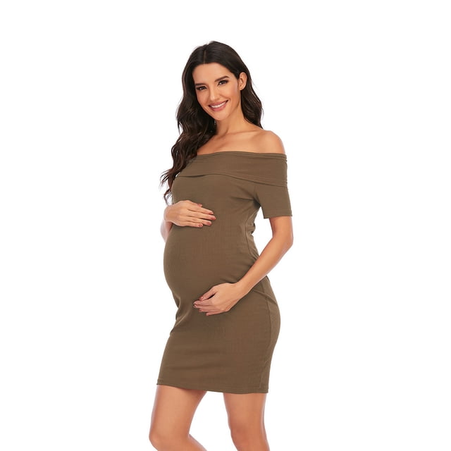 Vestido de manga corta con hombros descubiertos y color liso para embarazadas, vestido de un solo hombro