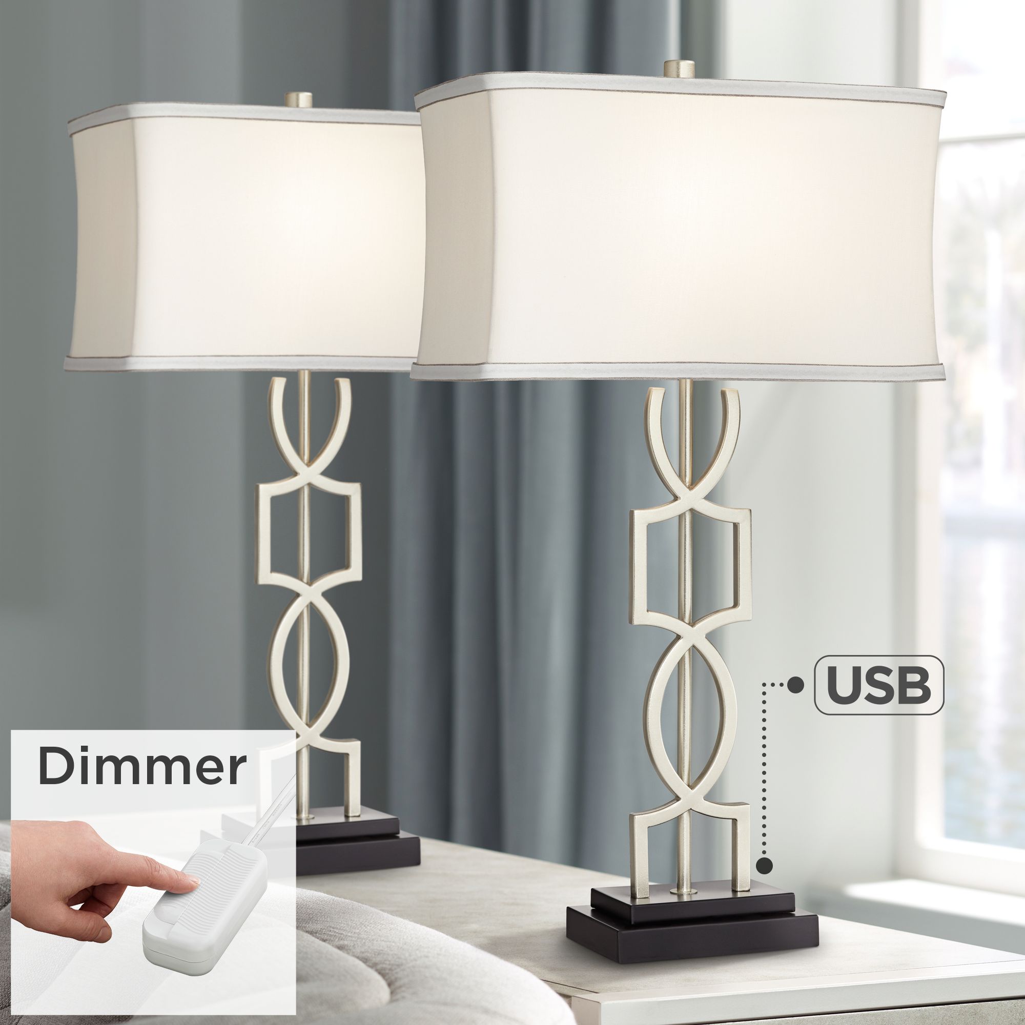 360 Lighting Evan Modern Table Lamps 28 1/2" Tall Set of 2 Brushed Nickel with USB Charging Port
