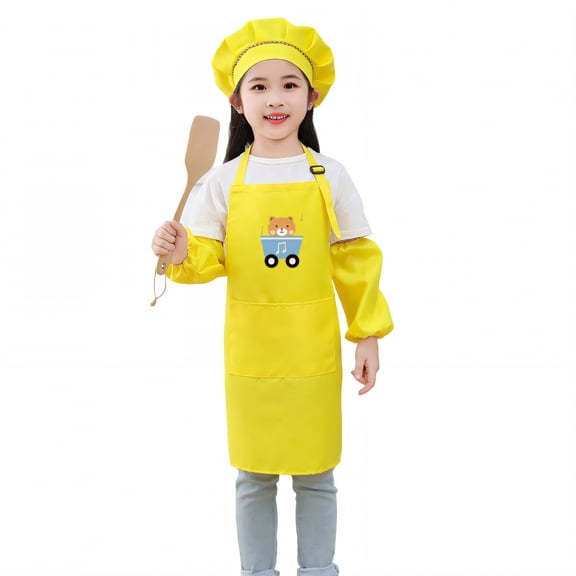 AUQ Kids Chef Hat and Apron,Form-Fitting Style Toddler Apron,Polyester Fabric Weave Waterproof Apron,Yellow2
