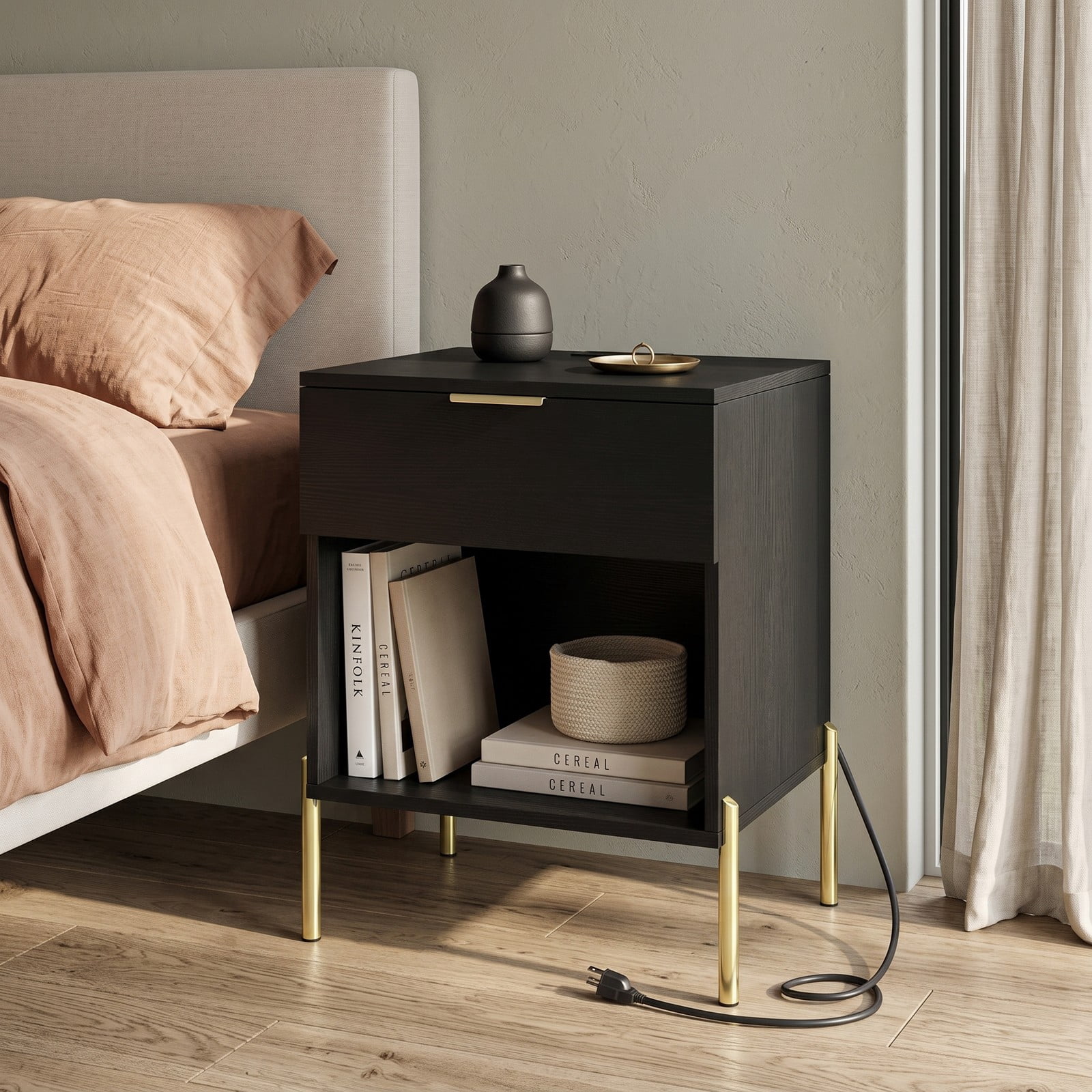 Furnibear Modern Nightstand with Charging Station for Bedroom, 1 Drawer and Open Compartment Bedside Table with Metal Legs, Black