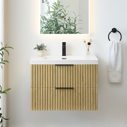 Livia 30" Wall-mounted Wood Vanity in Nature Brown Artificial Sink no Mirror