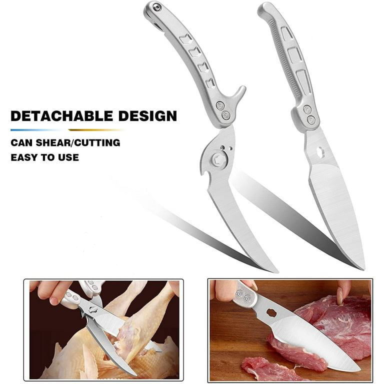 Kitchen Shears,Heavy Duty Spring Loaded Kitchen Scissors with Serrated  Edge,Detachable as a cleaver,Multipurpose Stainless Steel Sharp Utility  Food Scissors for Chicken,Poultry,Fish,Herbs,Silver 