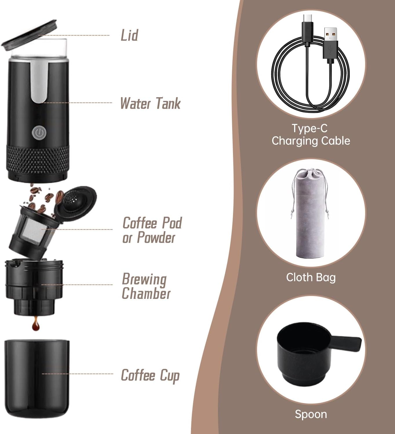 Portable Espresso Maker, Type-C Rechargeable Electric Travel Coffee Machine Non-Heating Version for Office Travel Camping Outdoors