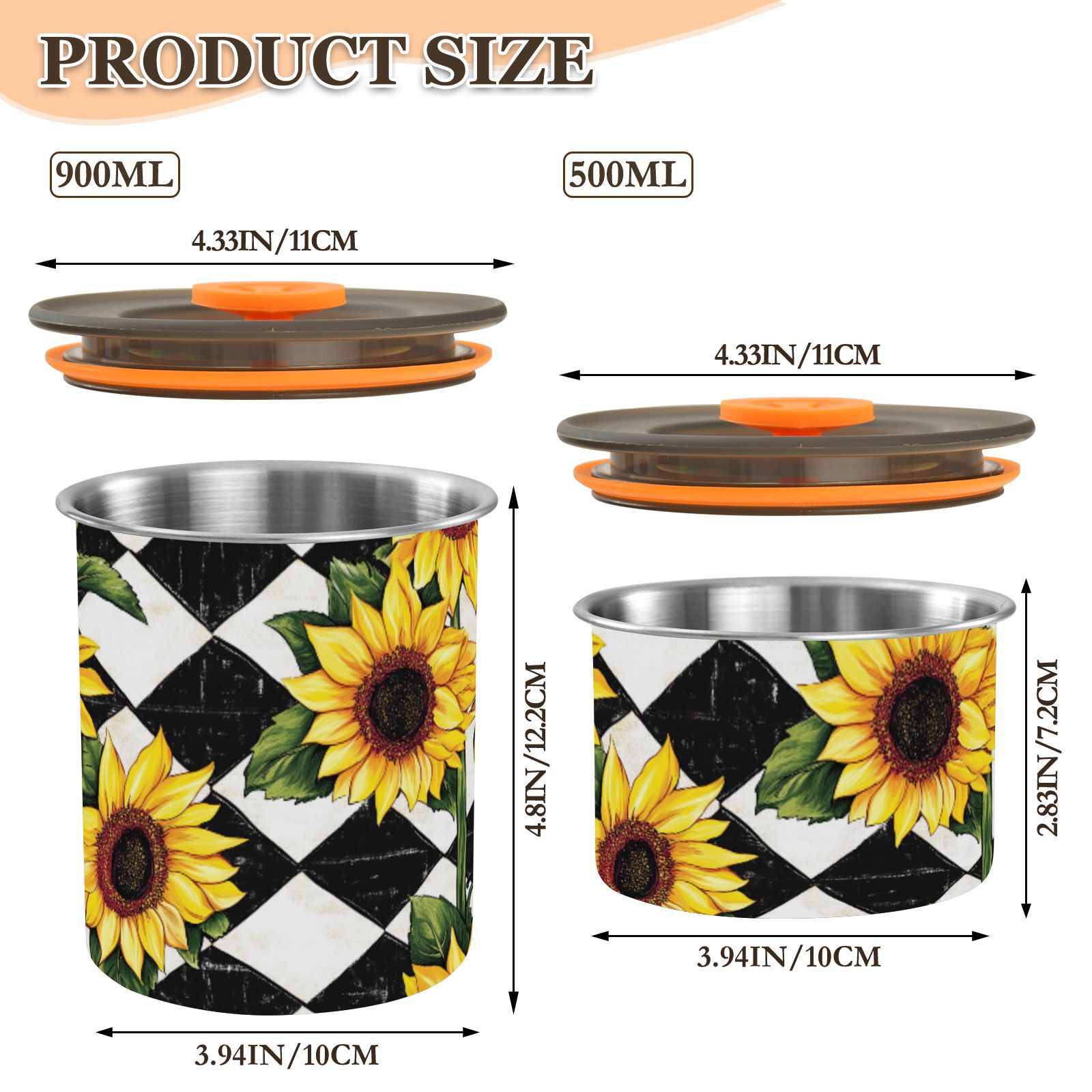 Sunflowers Checkered Airtight Coffee Bean Canister 30oz Food Storage Containers with Lids For Gournd, Tea, Sugar, Flour, Rice, Cereal, Candy Cookie Jar