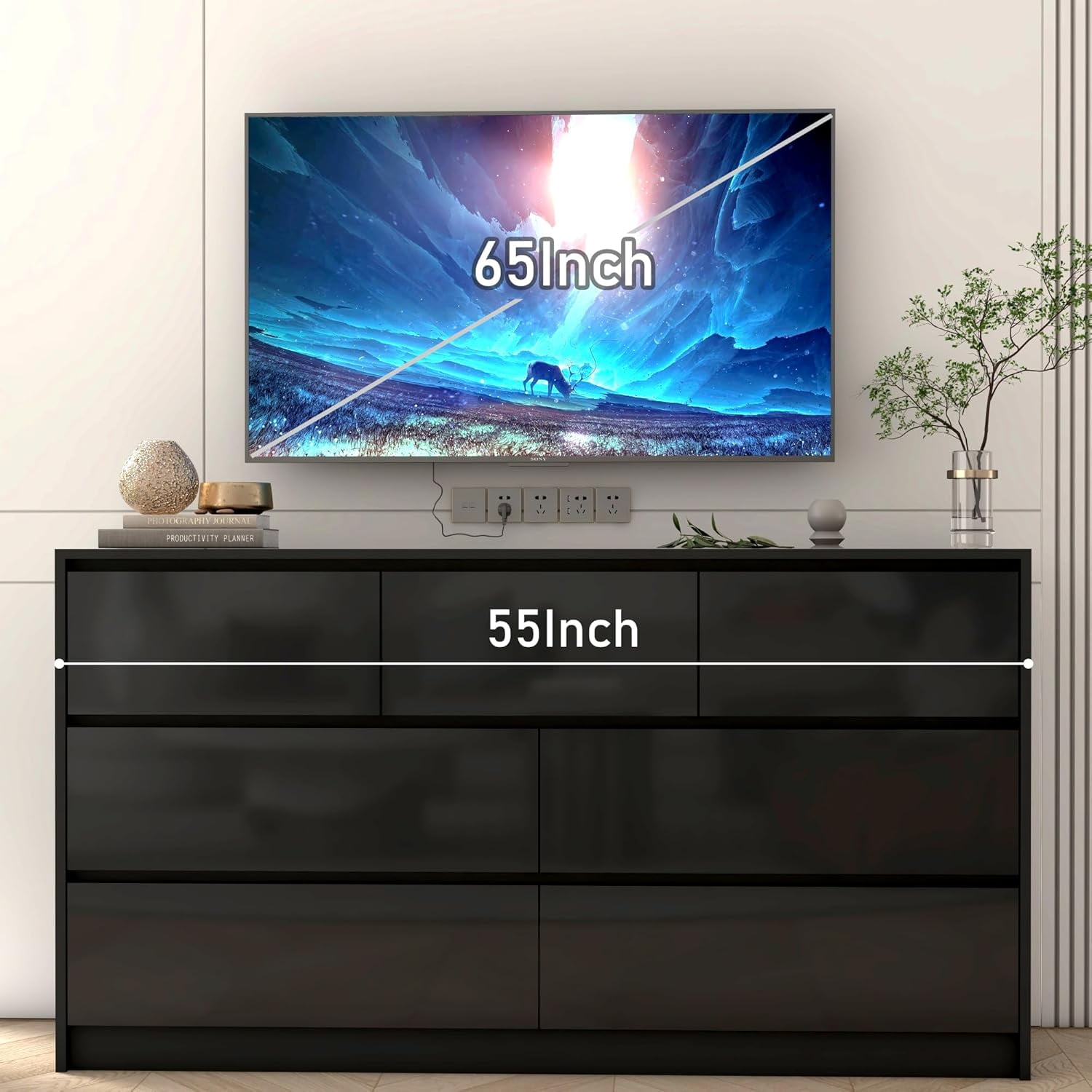 Blotout Black Malm Dresser for Bedroom, 55" Long Dresser High Gloss Dresser with 7 Drawers, Large Wood Chest of Drawer Handle Free, Dresser for Bedroom, Living Room, Entryway, Hallway