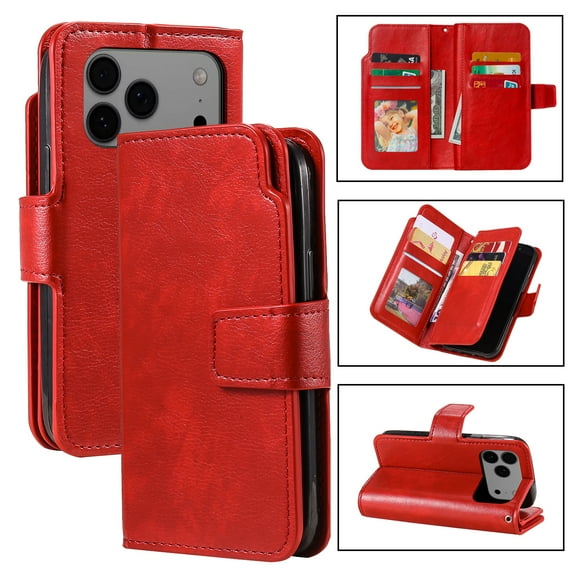 Wallet Case for iPhone 17 Pro,[9 Card Holders & 2 Cash Pocket] RFID Blocking Premium PU Leather Magnetic Flip Kickstand Folio Case Durable TPU Shell Protective Luxury Cover - Red