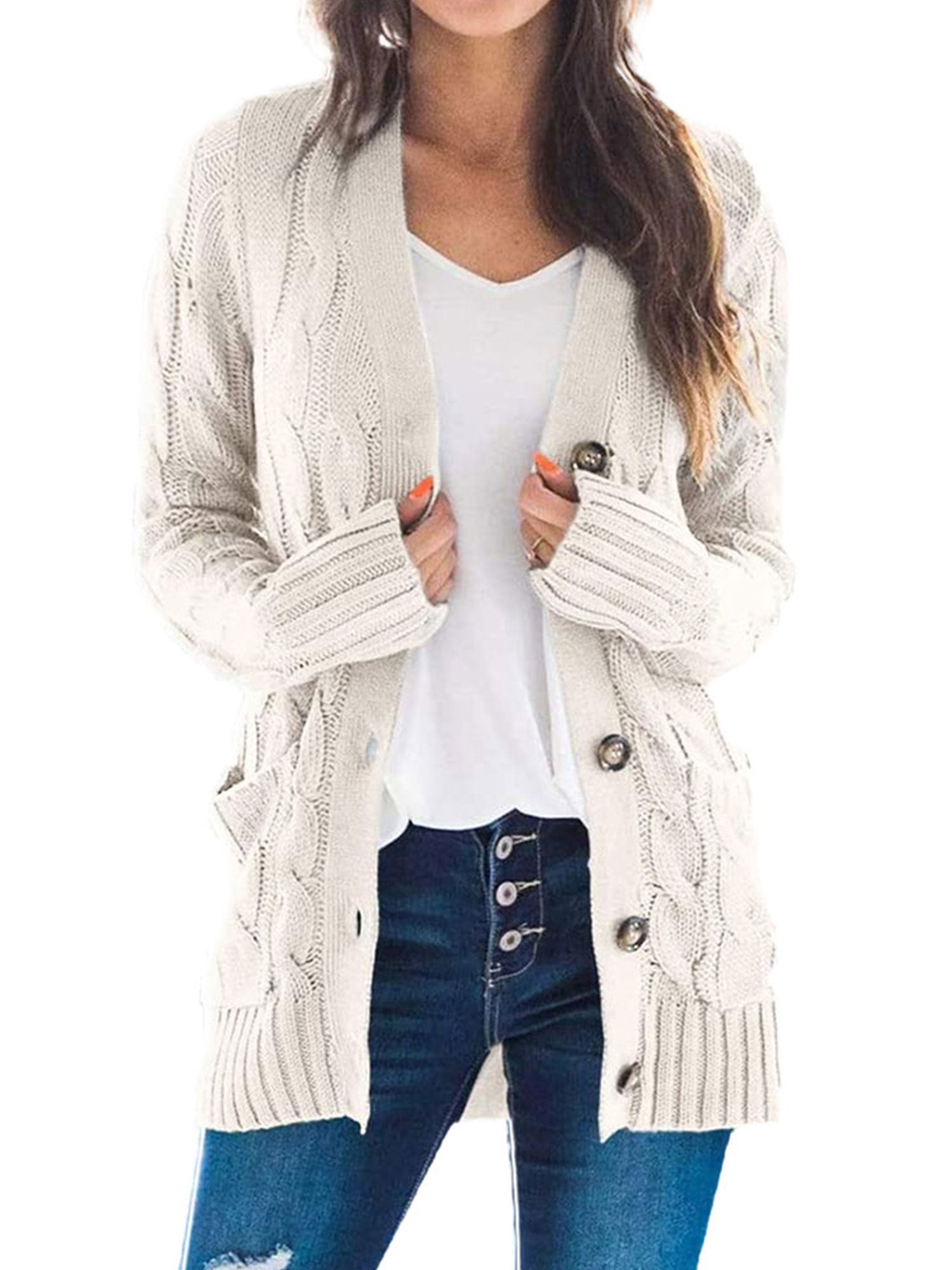 Gueuusu Knit Cardigans for Women Long Sleeve Buttons Cardigan Tops Casual for Spring Autumn Womens Oversized Sweaters, Women's, Size: Large, Beige